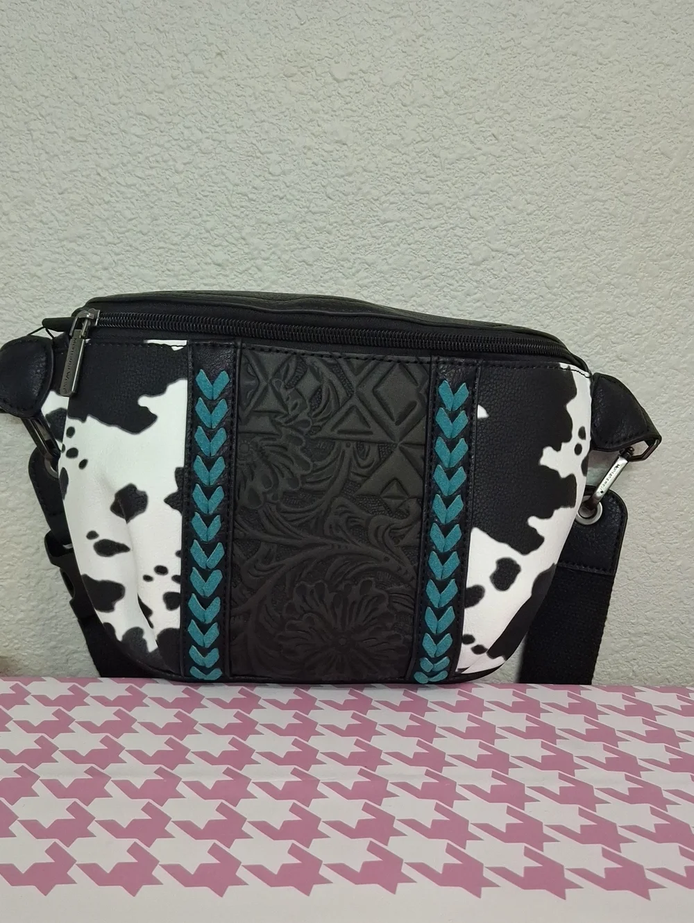 Black & White Cowhide Crossbody Bag with Teal Accents  MONTANA WEST